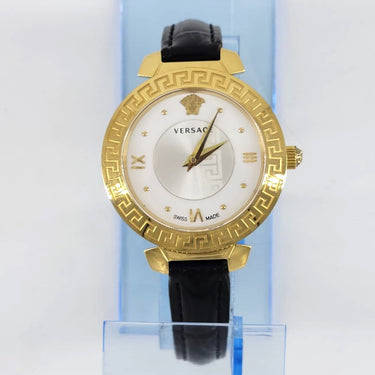VERSACE GOLD WITH BLACK LEATHER STRAP WATCH